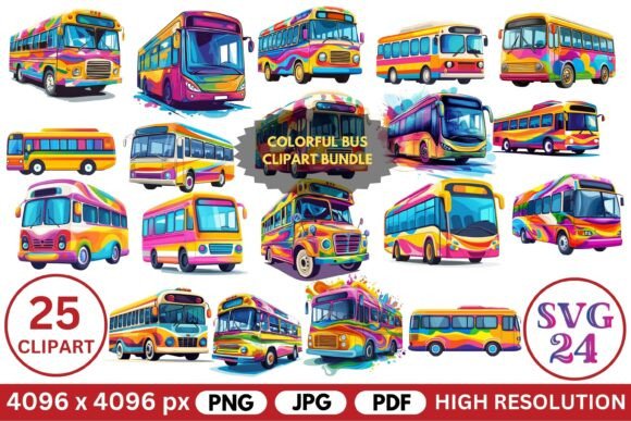 Colorful Bus Clipart Bundle – Perfect for Sublimation Craft Projects