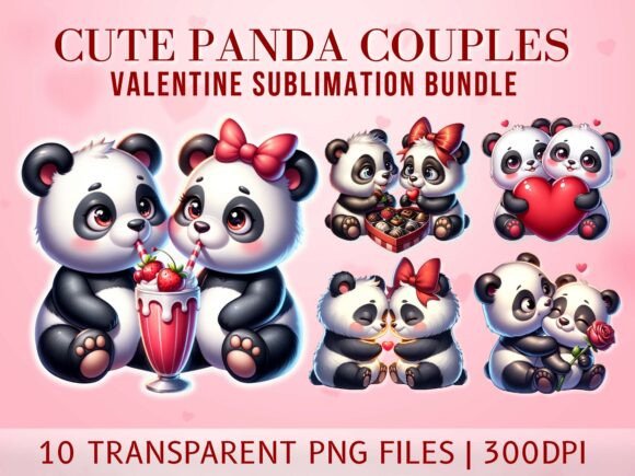 Cute Panda Couple Valentine PNG Bundle
