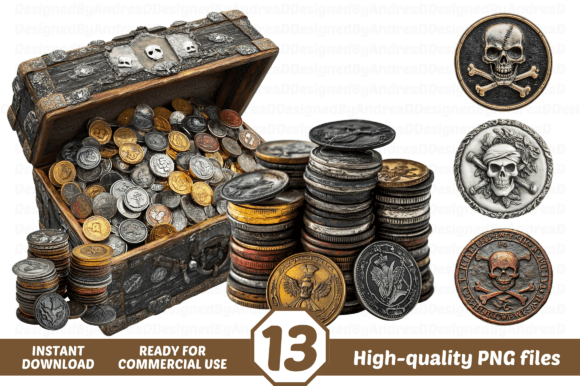 Exploring the World of Ancient Pirate Coins Clipart PNG and Sublimation Design