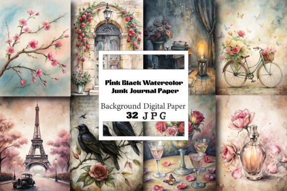 Pink Black Watercolor Junk Journal Paper