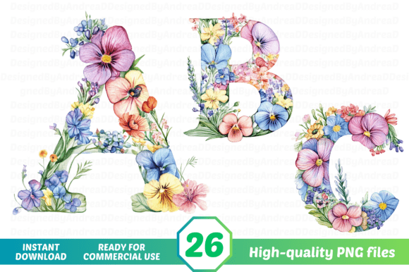 Watercolor Floral Alphabet, Letters PNG for Creative Projects