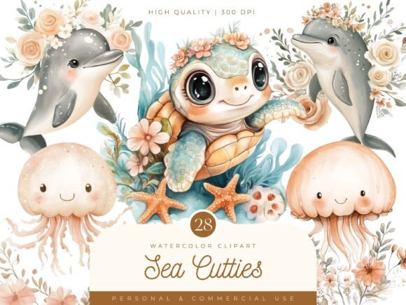 Watercolor Sea Cuties Clipart